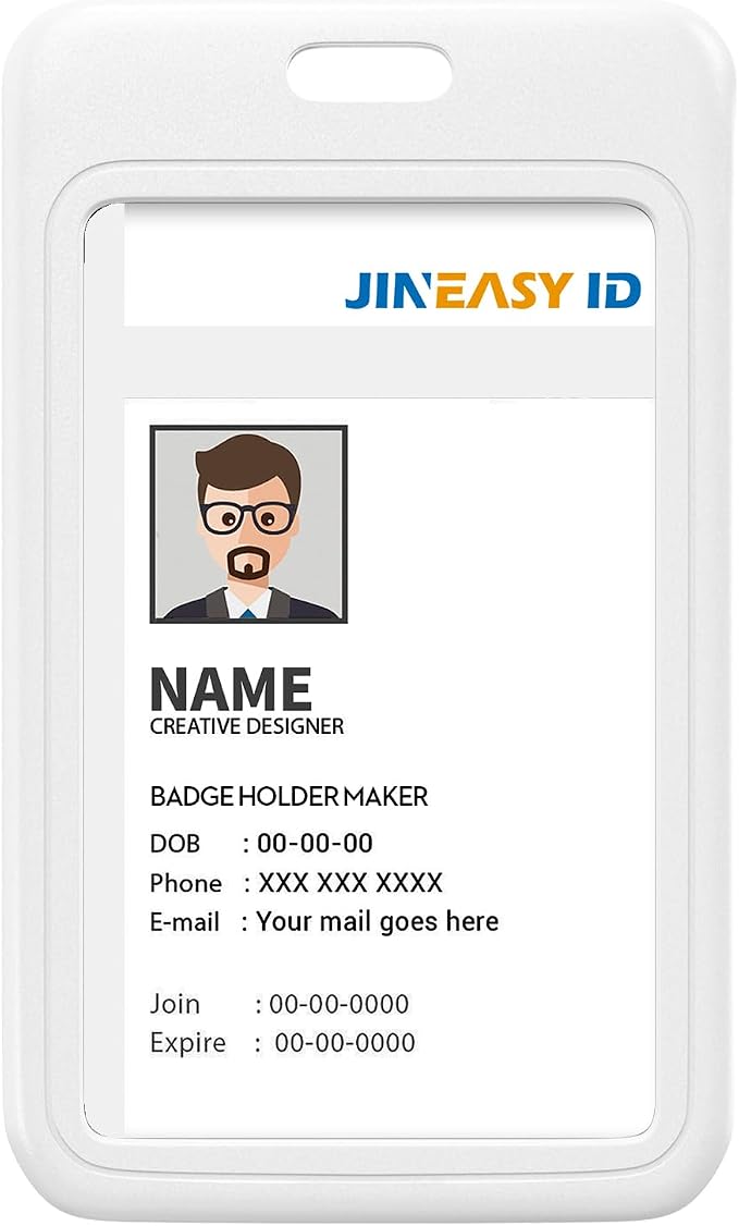 JINEASY ID 2 Pack White Hard Plastic ID Badge Holder Vertical Lanyard ID Card by JINEASY+ID