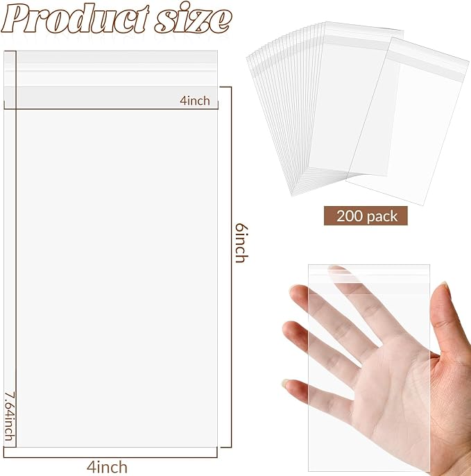 VOKOY 200 Pack Cellophane Bags Self Sealing, Resealable Clear Plastic Sleeves - Image 2