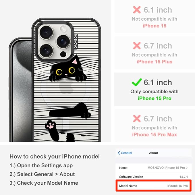 MOSNOVO Magnetic Case for iPhone 15 Pro, 10ft Military-Grade Protection, Compatible with Magsafe, Shockproof Phone Case for iPhone 15 Pro - Hidden Black Cat - Clear Black-DeskLoop Office
