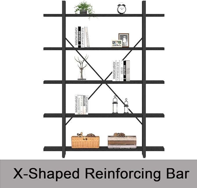 HSH 5 Tier Tall Black Bookshelf, Wood and Metal Storage Book Rack, Industrial Modern Etagere 5 Shelf Bookcase, Large Wide Open Display Book Shelf for Bedroom Living Room Office, Bookshelves Heavy Duty-DeskLoop Office