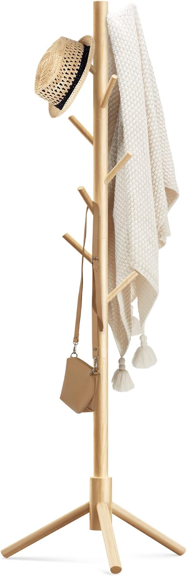 Haddockway Wooden Coat Rack Stand with 8 Hooks New Zealand Pine 3 Adjustable Coat Standing Tree Easy Assembly for Coats, Hats, Scarves and Handbags for Entryway, Hallway, Bedroom, Office-DeskLoop Office