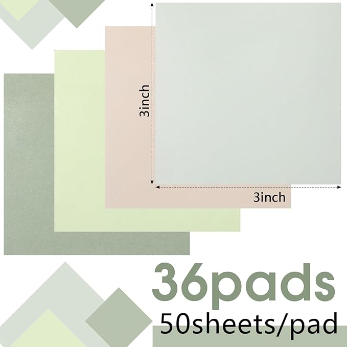 Thenshop 36 Pads Sticky Notes 3''x3'', Self Stick Notes Pads Office Supplies, 50 Sheets/pad Colored Aesthetic Sticky Accessories Home, Office, Notebook(Green)-DeskLoop Office