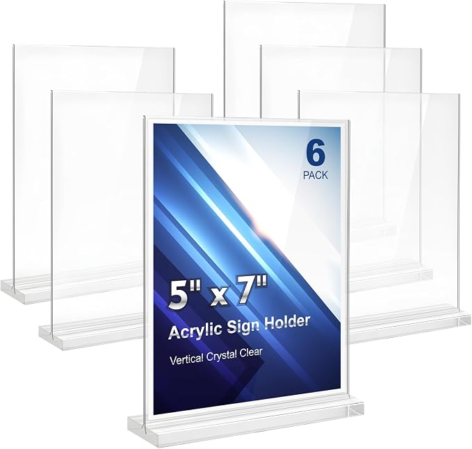Comix 5x7 Acrylic Sign Holder 6 Pack, Vertical Double-Sided Table Display Stand by Comix