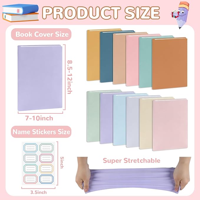 Jumbo Stretchable Book Covers 12PCS Reusable Fabric Book Covers with Label 9x11in Boho Pastel Protective Sleeve for Hardcover Book Textbook Cover for School Fits Most Book Sizes Up to 10x12.5in-DeskLoop Office