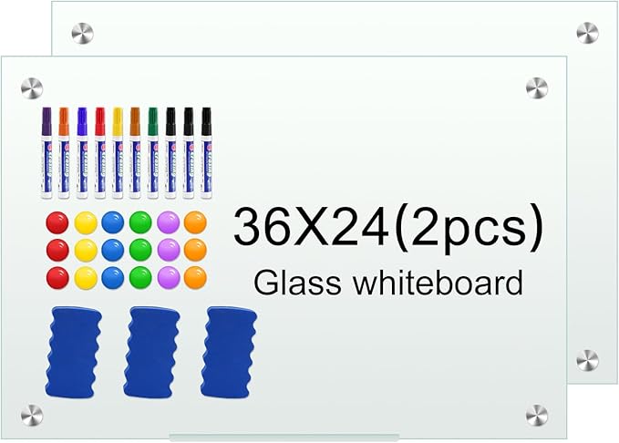 H-Qprobd Glass White Board for Wall Dry Erase Board 36" x 24" (2pcs) Magnetic Presentation Whiteboard for Home, Office and School-DeskLoop Office