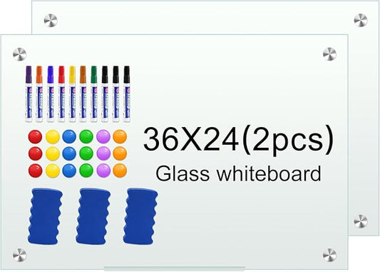 H-Qprobd Glass White Board for Wall Dry Erase Board 36" x 24" (2pcs) Magnetic Presentation Whiteboard for Home, Office and School-DeskLoop Office