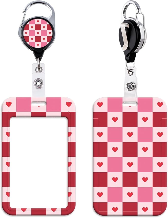 Red & Pink Plaid Retractable Reel ID Holder School ID Badge Holder Cute Badge by beemorita