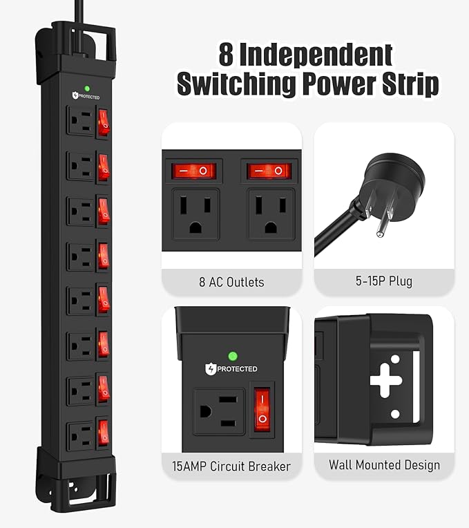 Heavy Duty Power Strip with Individual Switches,8 Outlets 14 Gauge Industrial Shop Garage Metal Multiple Outlets,1200J Surge Protector Mountable Power Strip,15FT Extension Cord Management (Black)-DeskLoop Office