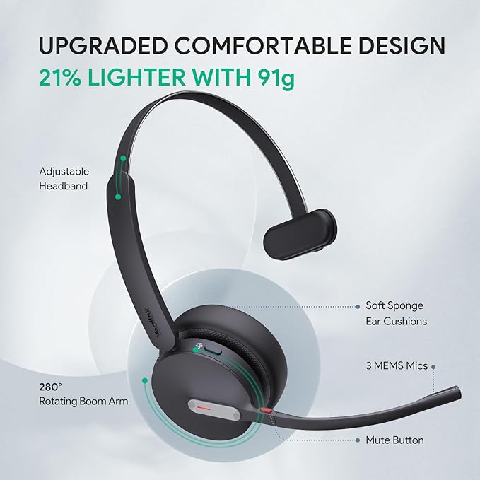 Yealink BH70 Mono UC Wireless Bluetooth Headset with Microphone for Work, up to 35h Talking Battery Life, 3-Mic Noise Cancellation, 91g Lightweight Work Headsets for Open Office, USB-C to A-DeskLoop Office