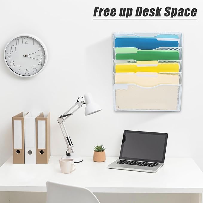 EASEPRES 5 Pocket Mesh Hanging Wall File Organizer, Wall Mounted Mail Paper Document Folder Holder, Clipboard Storage Organization Magazine Rack with Nametag Label for Office Home School, White-DeskLoop Office