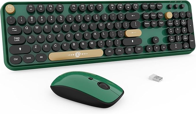 FD Wireless Keyboard and Mouse | Cute Colorful Keyboard and Mouse with 2.4GHz Cordless Retro Typewriter Keyboard | Auto-Sleep | USB Receiver for Windows PC/Laptop - Green Colorful-DeskLoop Office