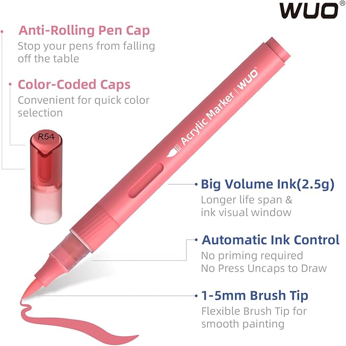 WUO 60 Colors Acrylic Paint Markers (2 Metallic), Automatic Ink Control Brush Tip for Multi-Surface, Water-Based No-Bleed Markers Acrylic Paint Pens for Rock Painting, Wood, Canvas, Glass, DIY Crafts-DeskLoop Office