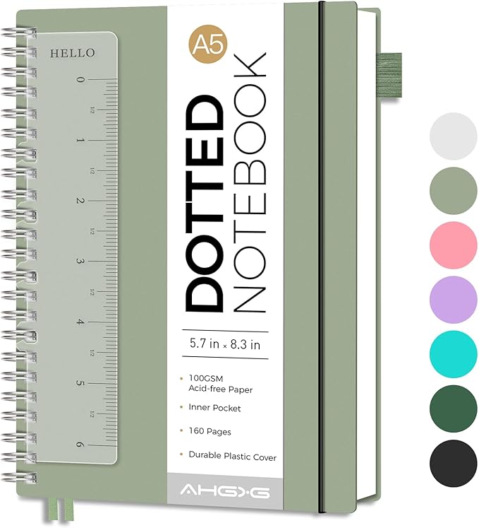 AHGXG Bullet Dotted Journal - Dot Grid Spiral Notebook A5, 160 Pages, 100 GSM Thick Paper, Waterproof Plastic Cover Journals for Bullet Journaling, Sketching, 5.7" x 8.3", Sage Green-DeskLoop Office