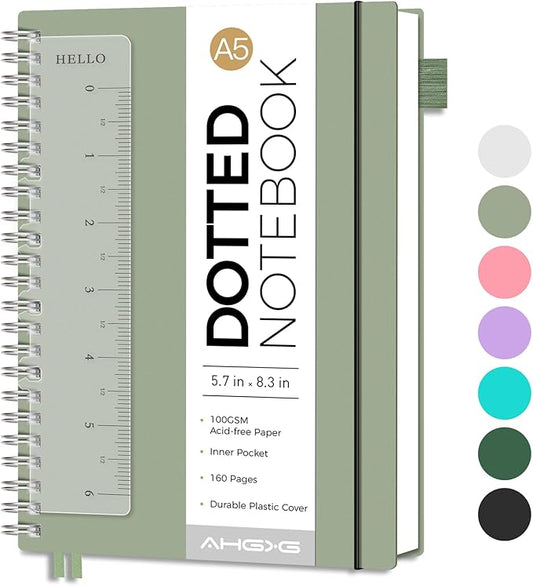 AHGXG Bullet Dotted Journal - Dot Grid Spiral Notebook A5, 160 Pages, 100 GSM Thick Paper, Waterproof Plastic Cover Journals for Bullet Journaling, Sketching, 5.7" x 8.3", Sage Green-DeskLoop Office