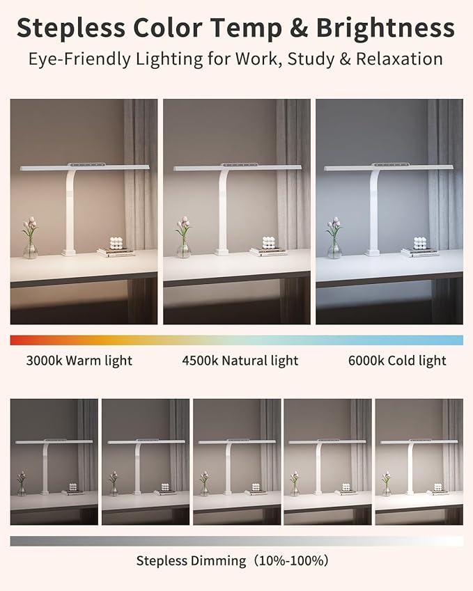 LED Desk Lamps for Home Office, 24W Bright Eye-Caring Desk Light with Clamp, Stepless Dimming Adjustable Flexible Gooseneck Clip on Office Lamp with Adapter for Reading, Study, Workbench,White-DeskLoop Office