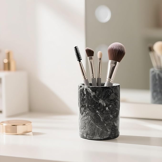 WORHE Pen Holder Stand Italy Natural Premium True Marble Makeup Brush Holders, Tableware Organizer Desk Pencil Cup for Home Office School Decor Dark Grey (DL012)-DeskLoop Office