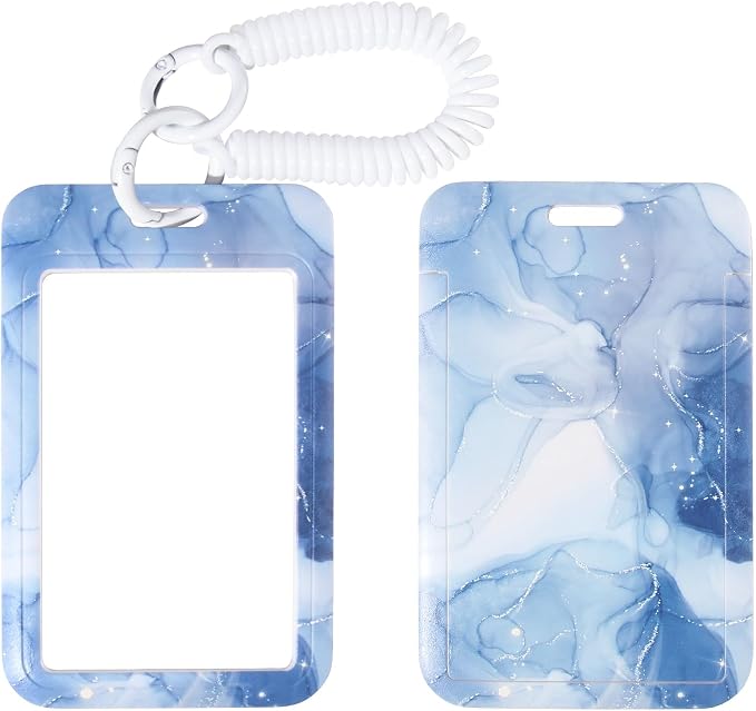 ID Badge Holder with Keychain, Spring Rope, and Metal Ring – Slide-Open Plastic by SHININGEYES