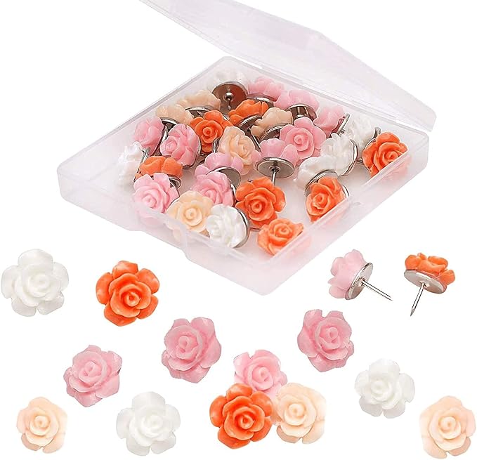 30 Pieces Rose Flower Pushpins Flower Thumb Tacks Decorative Floret Push Pins by Phinus