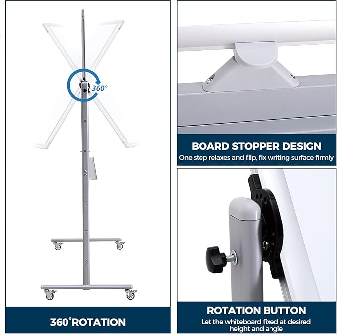 40" x 28" Double-Sided Mobile Whiteboard with Wheels | Rolling Magnetic Dry Erase Board on Stand | Adjustable Height Silver Frame White Board for Office, Classroom & Home-DeskLoop Office