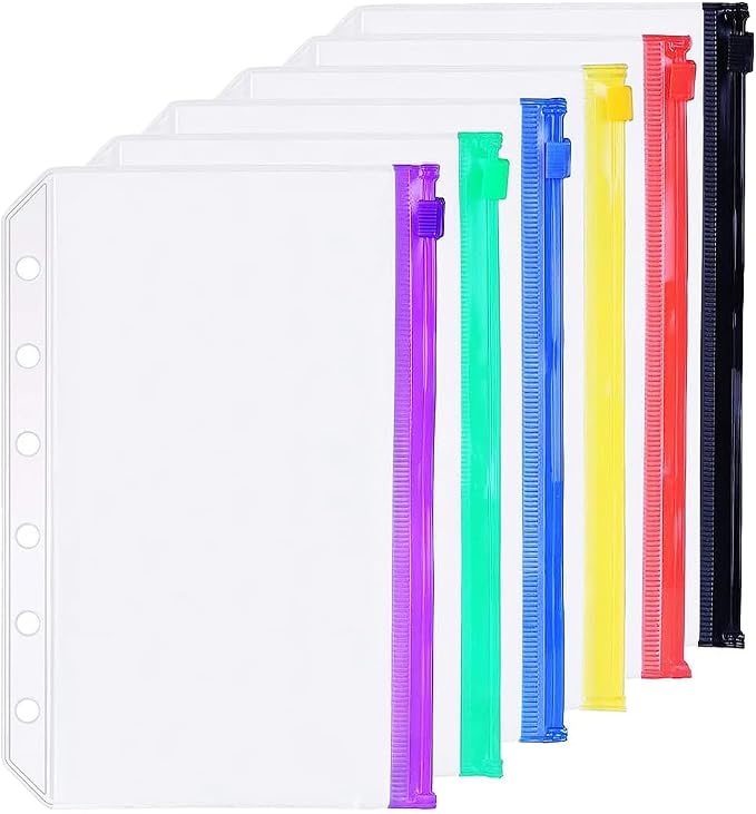 6 Pack A7 6 Holes Binder 6 Color Zip Pockets Plastic Binder Zipper Folders by Zelten