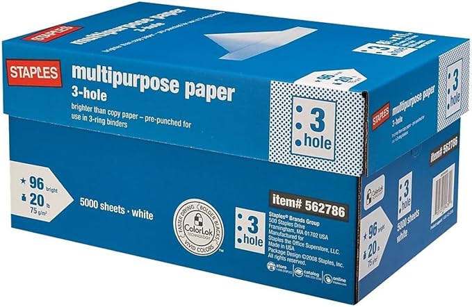 Staples 8.5" x 11" 3-Hole Punch Multipurpose Paper, 20 lbs., 96 Brightness by Staples