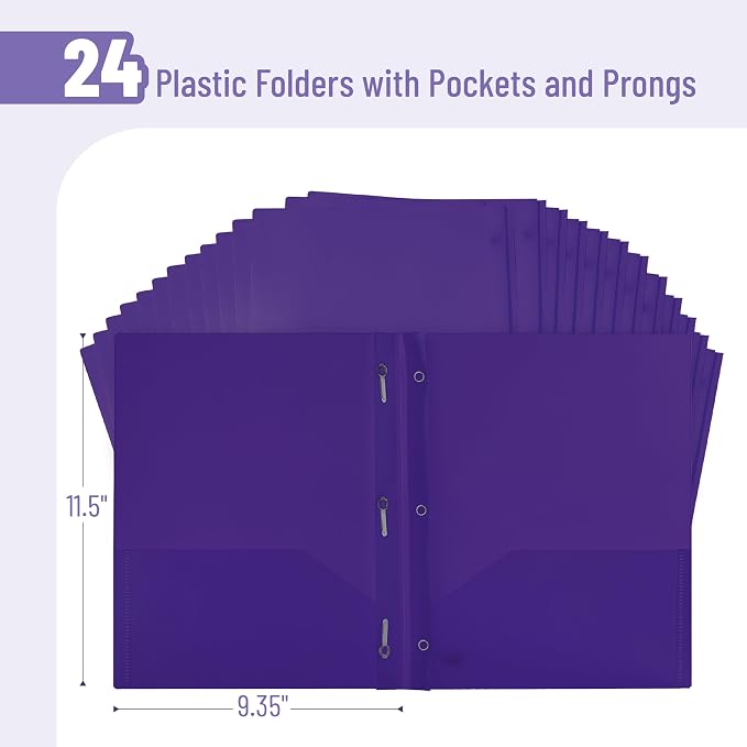 Mr. Pen- Plastic Folders with Pockets and Prongs, 24 Pack, Letter Size | Purple - Image 2