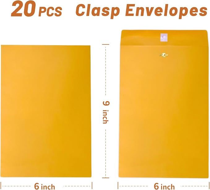 20 Pack Clasp Envelopes 6x9, Creebe Yellow Manilla 6x9 Envelopes, 100 GSM Kraft - Image 3