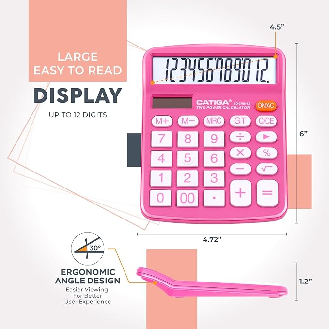 12 Digit Desktop Calculator with Large LCD Display and Sensitive Button, Dual Solar Power and Battery, Standard Function for Office, Home, School, CD-2786-DeskLoop Office