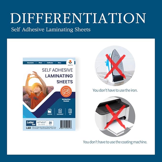 Self Stick Laminating Sheets 8.7 x 12.2 Inches, 4mil, Pack of 20, No Heat, No Machine, Peel and Stick Laminating Sheets, Self Adhesive Contact Paper, Self Sealing Clear Vinyl Stickers by VIOLLETO"-DeskLoop Office