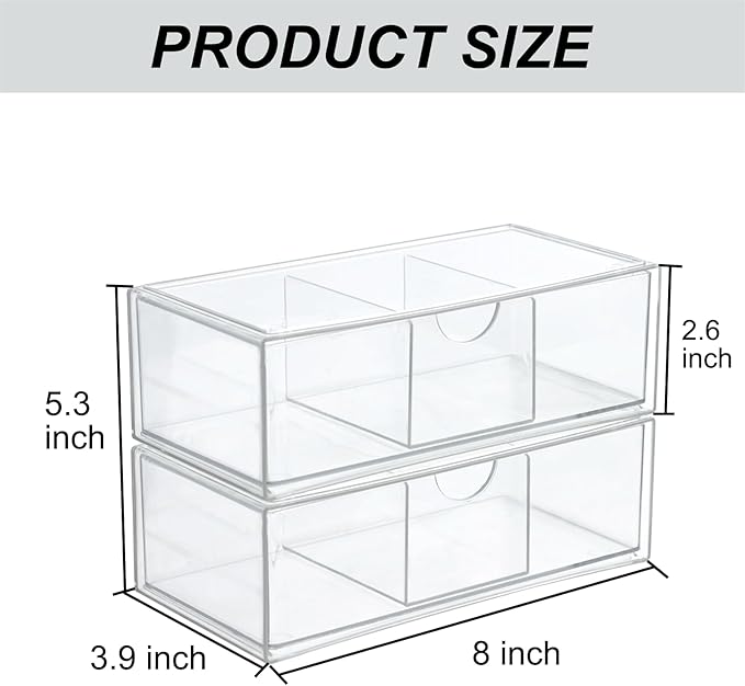 Set of 2 Stackable Storage Drawers - 7.8" Clear Plastic Drawer Storage, Acrylic Makeup Organizer, Desk Counter Cabinet Office Organizer, Bathroom Organizers and Storage (3 Grid/Set of 2)-DeskLoop Office