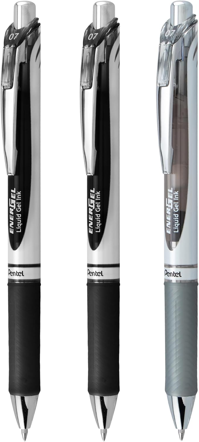 Pentel EnerGel RTX Retractable Liquid Gel Pen, Scholar Hue, 2 Black and 1 Gray - Image 2