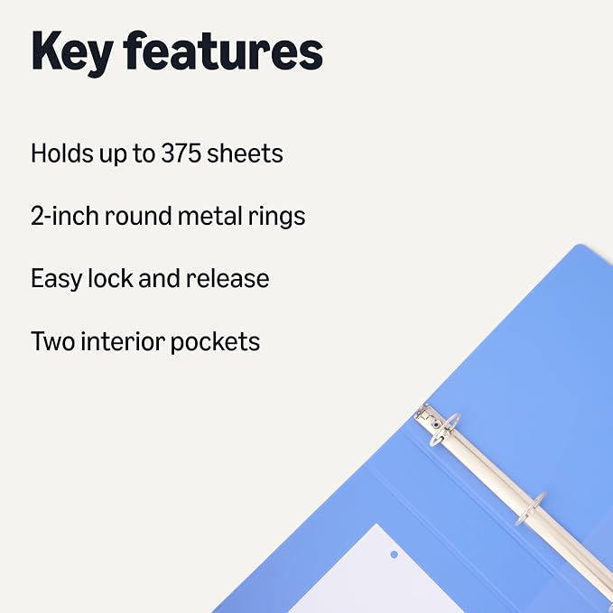 Amazon Basics 3 Ring Binder, 2 inch Round Rings, Holds 375 Sheets, Two Interior - Image 2
