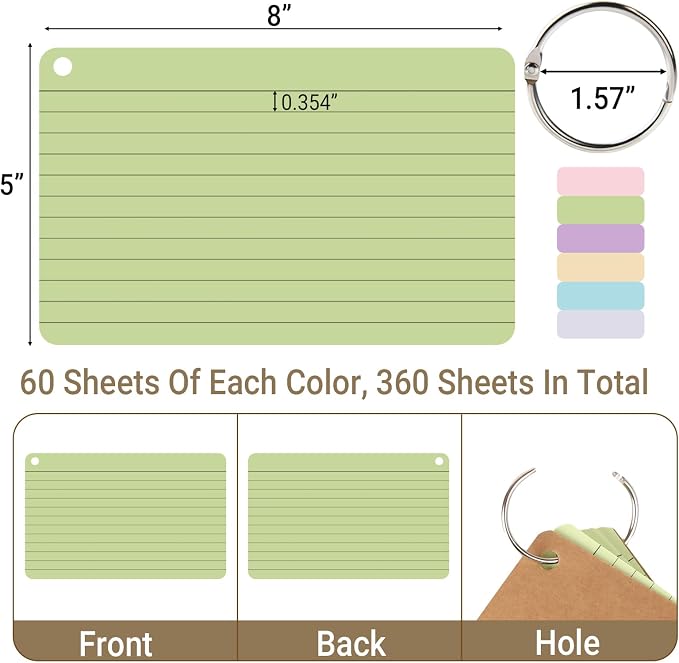 zmybcpack 6 Pack 360 Pcs Lined Index Cards 5 x 8 Inches, Lined Note Cards Study - Image 2