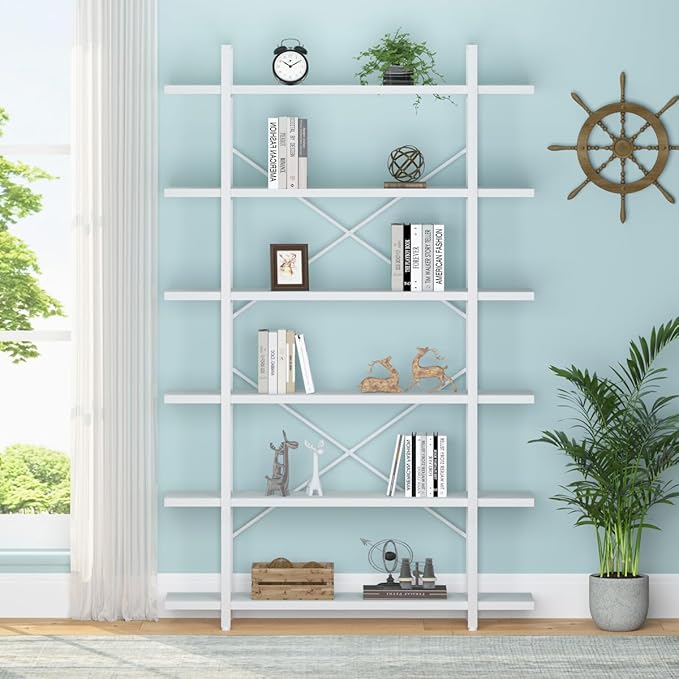 HSH 6 Tier Tall White Bookshelf, Industrial Modern Vertical Metal and Wood White Bookcases 6 Shelf,Farmhouse Open Large Storage Book Shelves & Display Book Shelf for Bedroom Living Room Office-DeskLoop Office