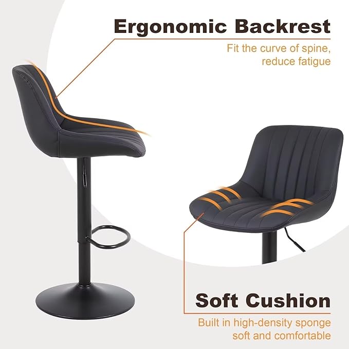 Bar Stools Set of 4, Swivel Counter Height Barstools with Back, Adjustable PU Leather Bar Chairs, Modern Armless Kitchen Island Stool, Black-DeskLoop Office