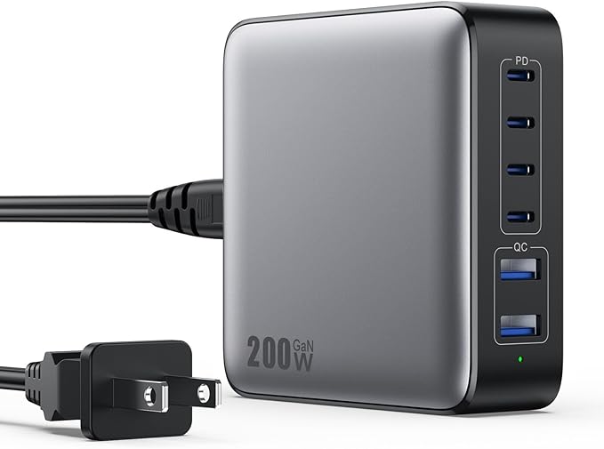 USB C Charger Block 200W[2025 Upgraded] GaN III 6 Port Fast Charging Station Hub,PD 65W USB C Laptop Charger Compatible with MacBook Pro/Air,iPad,iPhone 16/15,Galaxy S23/S24 Steam Deck Dell XPS etc-DeskLoop Office