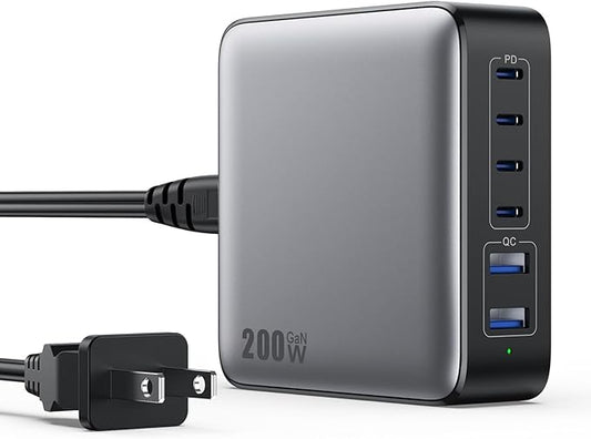 USB C Charger Block 200W[2025 Upgraded] GaN III 6 Port Fast Charging Station Hub,PD 65W USB C Laptop Charger Compatible with MacBook Pro/Air,iPad,iPhone 16/15,Galaxy S23/S24 Steam Deck Dell XPS etc-DeskLoop Office