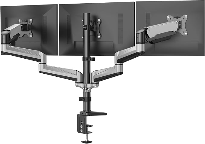 HUANUO Triple Monitor Stand - Full Motion Articulating Gas Spring Monitor Mount Fit Three 17 to 32 inch Flat/Curved LCD Computer Screens with Clamp, Grommet Kit, Silver-DeskLoop Office