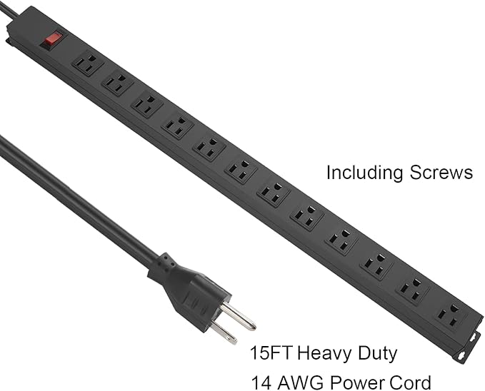 HHSOET Aluminum Wall Mount Power Strip - 12 AC Outlets, 15 FT Cord, 15A 125V Switch-DeskLoop Office