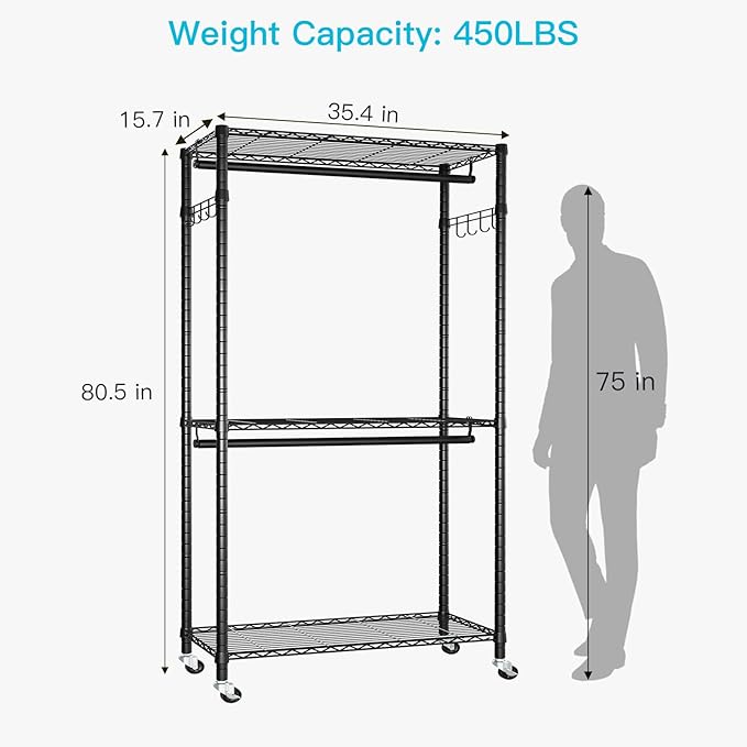 P1 Heavy Duty Garment Rack, 3 Tiers Adjustable Rolling Metal Closet Organizer with Lockable Wheels, FreeStanding Wardrobe with Double Hanger Rods & 1 Pair Hooks, Max Load 450 LBS, Black-DeskLoop Office