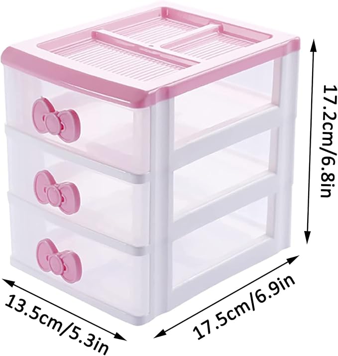 3 Drawers Small Pink Plastic Drawers Organizer, Kawaii Mini Desktop Storage - Image 3