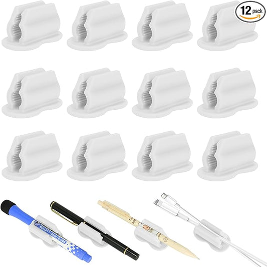 12PCS Pen Holder for Desk, Upgraded Adhesive Pen Pencil Holder for Desk Wall Clipboard Car Silicone Pens Markers Pencils Organizer Teacher Supplies Office Supplies (12PCS White)