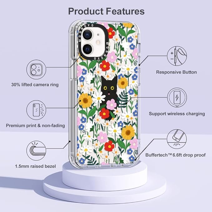 MOSNOVO Case for iPhone 12 & iPhone 12 Pro, [Buffertech 6.6ft Military-Grade Drop Protection] [Anti Peel Off Tech] Clear TPU Bumper Phone Case Cover Design - Black Cat in Garden-DeskLoop Office