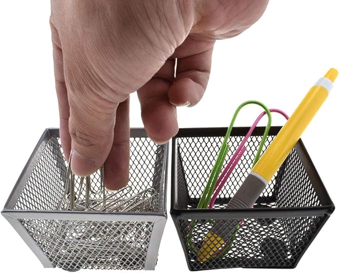 HAHIYO Stackable Paper Clip Mesh Holder Cup 2.2" Height 4 Pack Sturdy Paperclip Holder Container for Desk Drawer Organizer Collection for Home Office School Black Silver Soft Foam Feet No Sharp Edges-DeskLoop Office