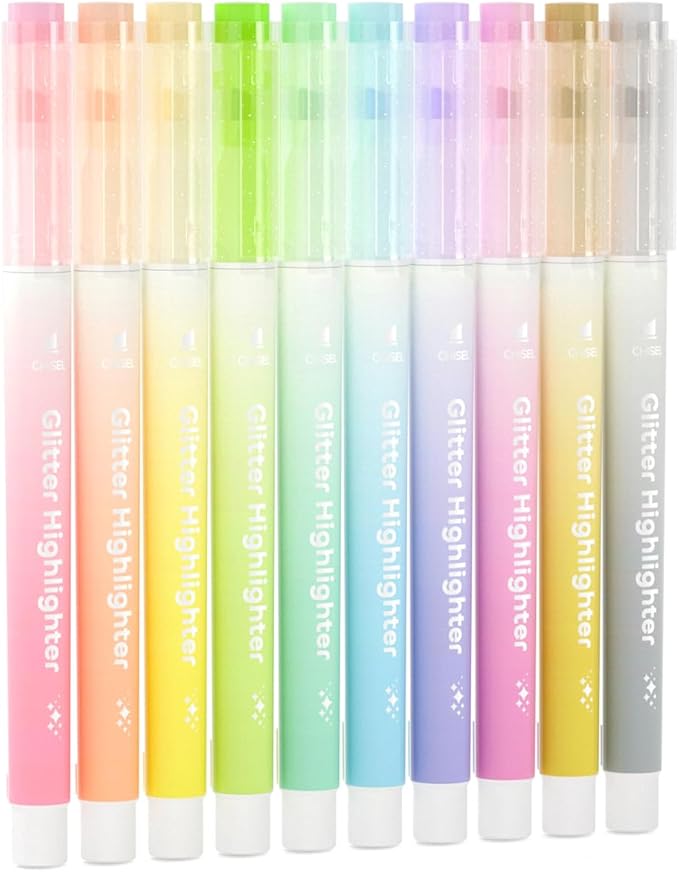 Glitter Highlighters, Shuttle Art 10 Sparkle Colors Chisel Tip Fluorescent Markers, Quick-Dry Non-Toxic Aesthetic Shimmer Highlighter Pens for Kids Teens Adults, Perfect for School Office Art Supplies-DeskLoop Office