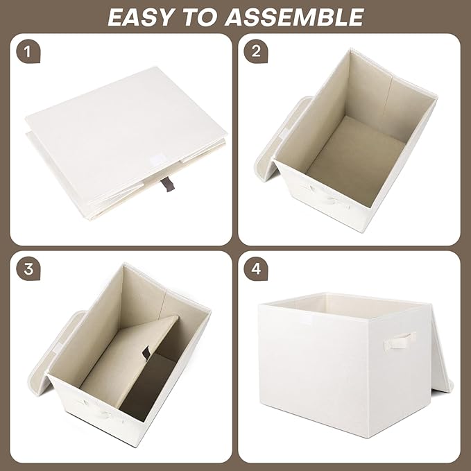 Large 17" 42 Quarts Collapsible Stackable Storage Bins with Lids [3-Pack] Foldable Fabric Linen Storage Boxes Cube, Closet Organizer Baskets with Label (16.7 x 12 x 12", White)-DeskLoop Office