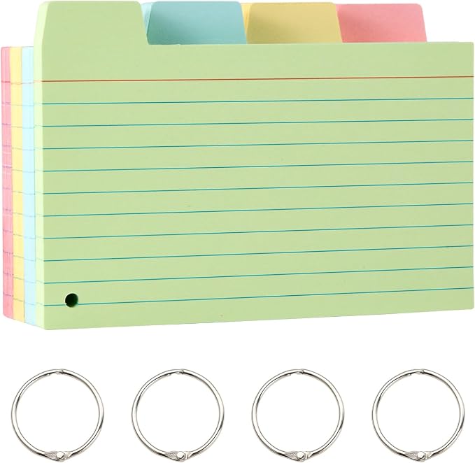 Tabbed Index Cards with Ring 3 x 5, Goefun 200 Pack Color Flash Cards Dividers by Goefun