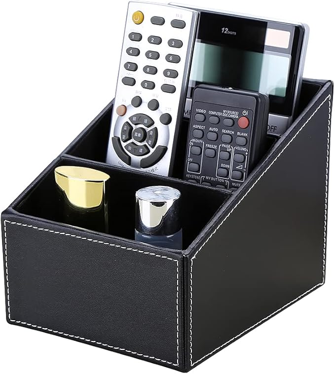 KINGFOM Remote Control Holder with 3 Compartments Pu Leather Remote Caddy Desktop Organizer Store Brush, Pencil, TV Guide, DVD, CD, Blu-Ray, Media Player, Heater Controllers(Black)-DeskLoop Office