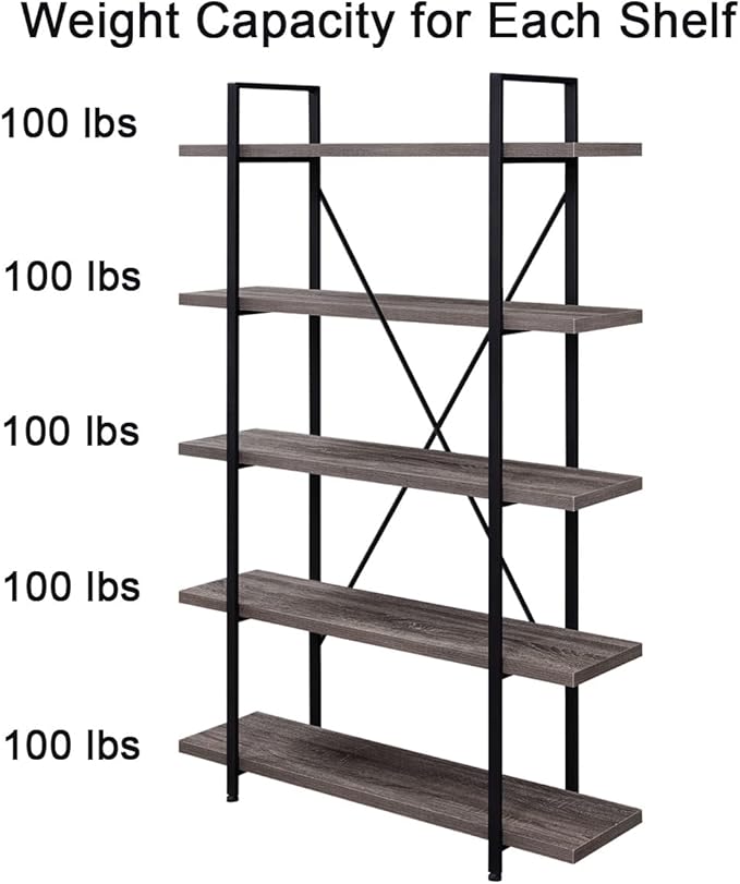 HSH 5-Shelf Vintage Industrial Rustic Bookshelf, 5 Tier Wood and Metal Bookcase, Open Etagere Book Shelf, Farmhouse Wooden Bookshelves, Light Grey Oak-DeskLoop Office