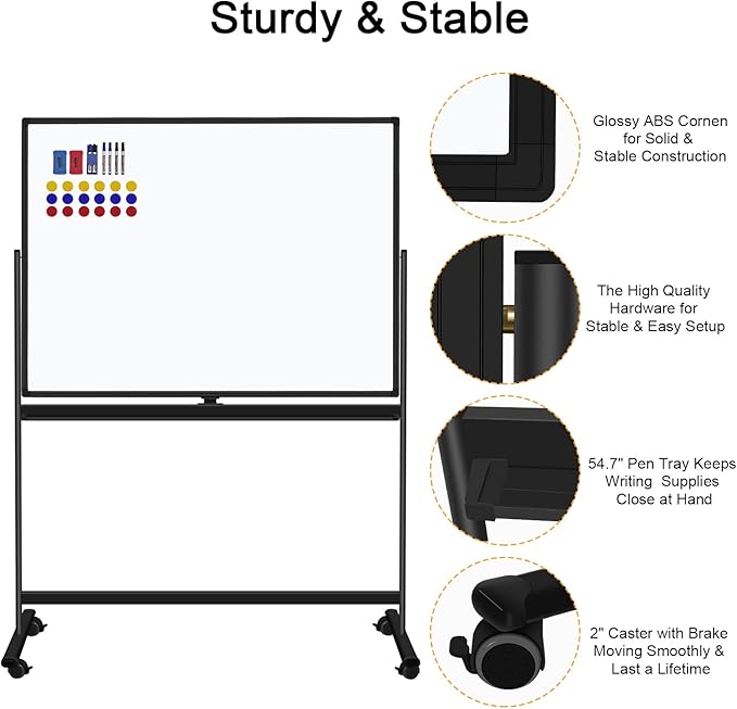 H-Qprobd 48"x36" Mobile Whiteboard Double-Sided Magnetic Dry Erase Board on Wheels - Comercial Rolling White Boards with Sturdy Stand for Home, Office & School-DeskLoop Office